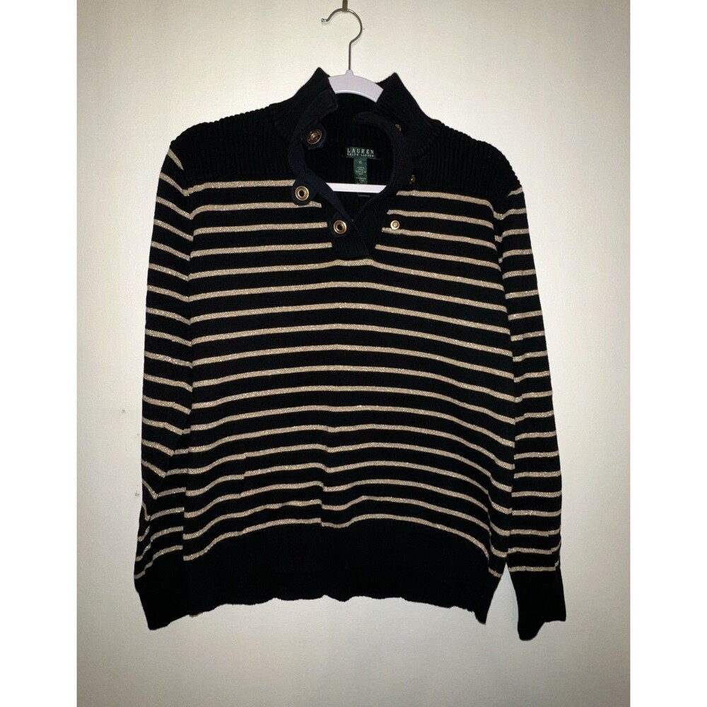 NWT Lauren Ralph Lauren Black Gold Striped Mockneck Cotton Sweater Women's Sz XL